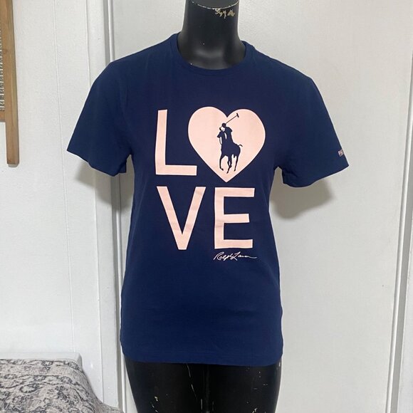 Polo Ralph Lauren LOVE Pink Pony Walk Navy Blue T Shirt Size Small - Picture 2 of 7